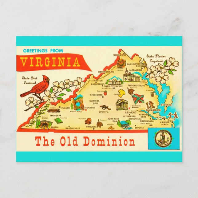 Cartão postal do mapa antigo da Virgínia (Frente)