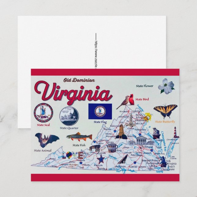 Cartão postal do mapa antigo da Virgínia (Frente/Verso)