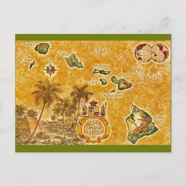 Cartão postal do mapa antigo das Ilhas Havaianas (Frente)