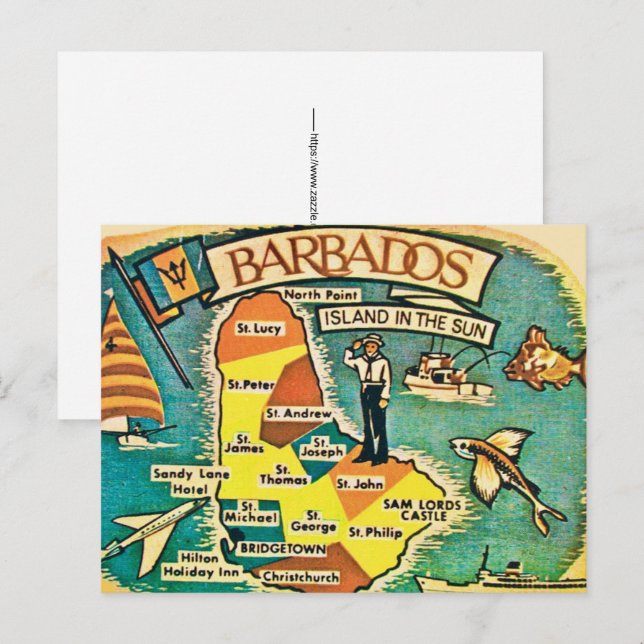 Cartão postal do mapa antigo de Barbados (Frente/Verso)