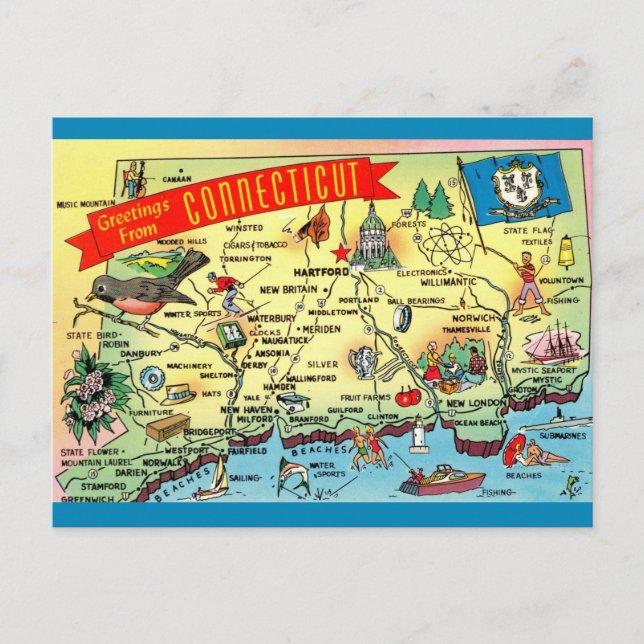 Cartão postal do mapa antigo de Connecticut (Frente)
