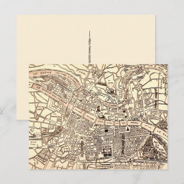 Cartão postal do mapa antigo de Lyon, França (Frente/Verso)