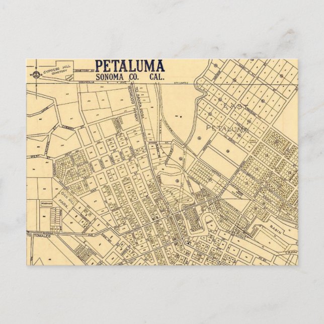 Cartão postal do mapa antigo de Petaluma CA (Frente)