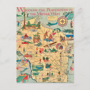 Cartão postal do mapa antigo de Wisconsin