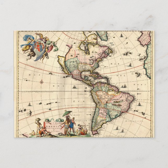 Cartão postal do mapa da América de 1670 (Frente)