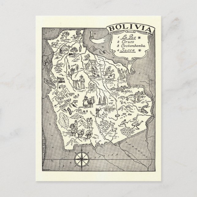 Cartão postal do mapa da Bolívia (Frente)