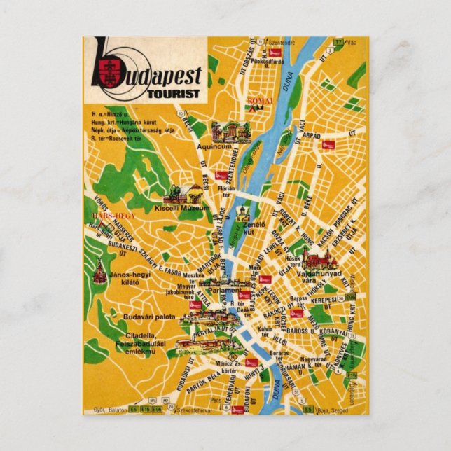 Cartão postal do mapa da cidade antiga de Budapest (Frente)