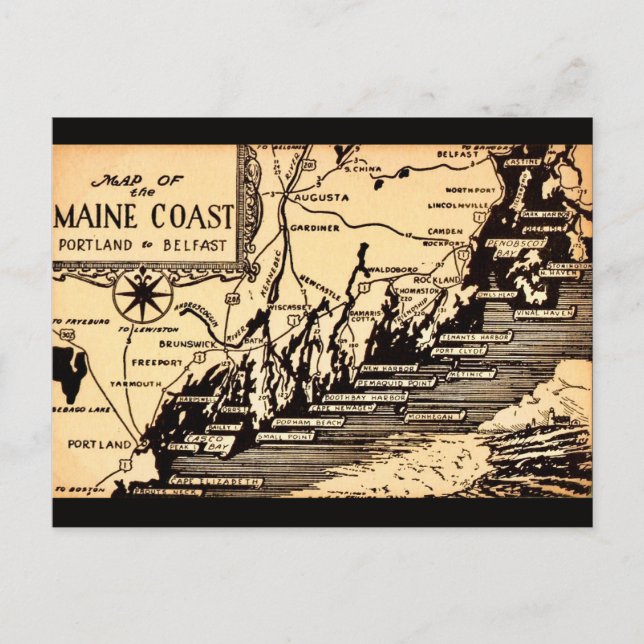Cartão postal do mapa da costa do Maine antigo (Frente)