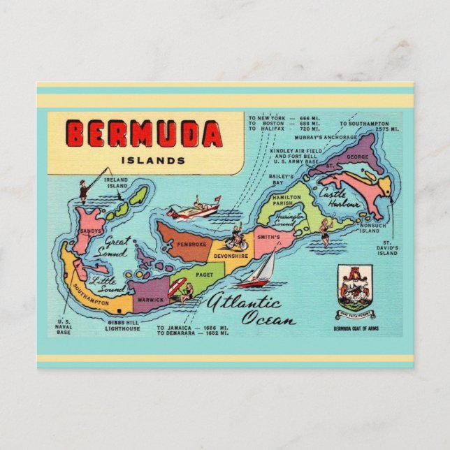 Cartão postal do mapa da ilha das Bermudas (Frente)
