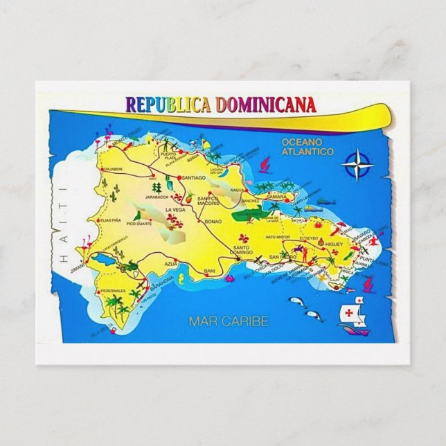 Cartão postal do mapa da República Dominicana (Frente)