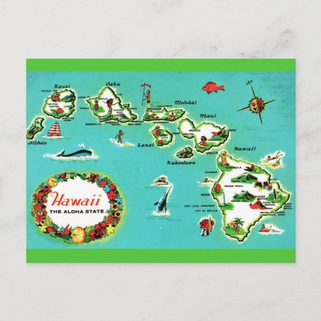 Cartão postal do mapa das Ilhas Havaianas (Frente)