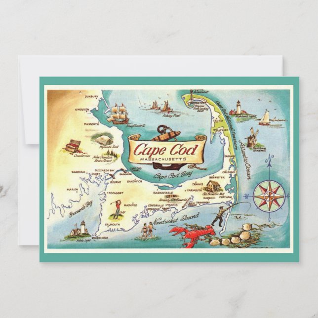 Cartão postal do mapa de Cape Cod MA 5x7 (Frente)