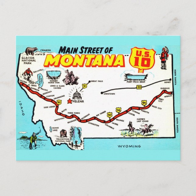 Cartão postal do mapa de Montana US 10 (Frente)