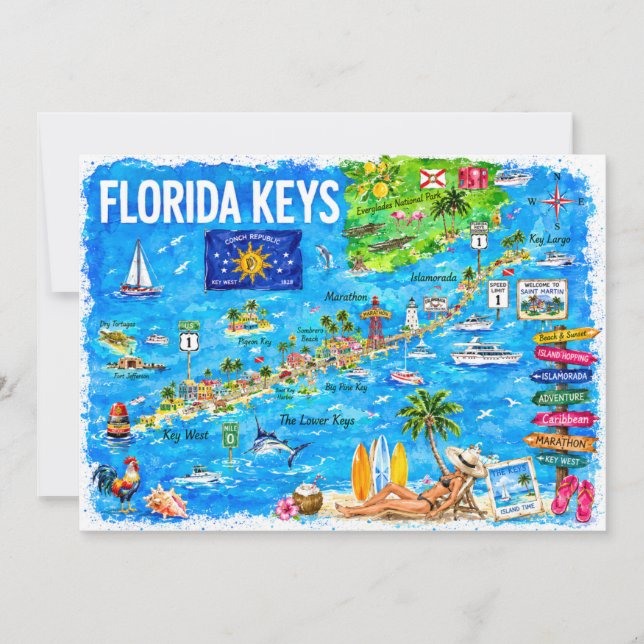 Cartão postal do mapa de viagem em aquarela dos Fl (Frente)