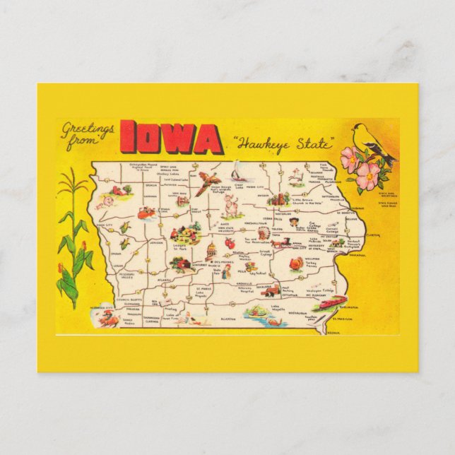 Cartão postal do mapa do Estado de Iowa (Frente)