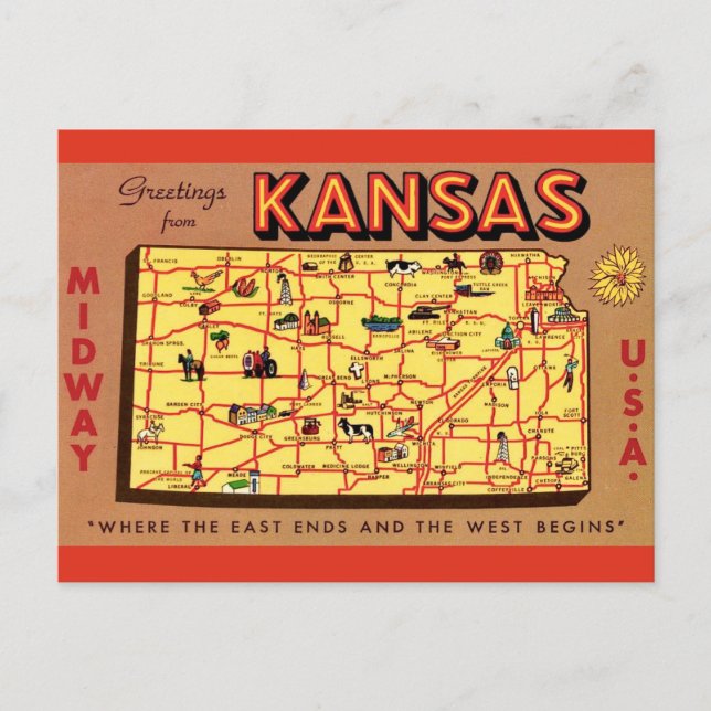 Cartão postal do mapa do Kansas (Frente)