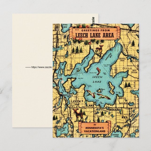 Cartão postal do mapa do Lago Leech Minnesota (Frente/Verso)