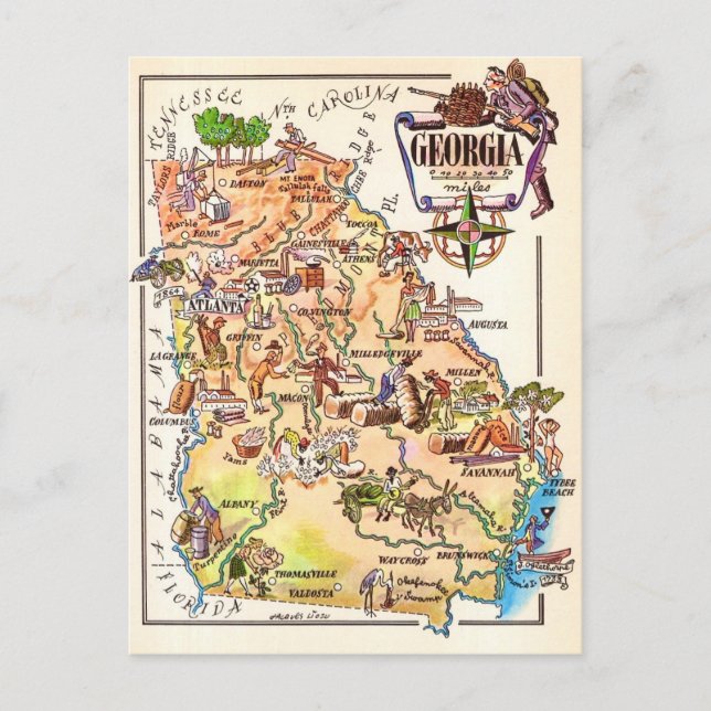 Cartão postal do mapa ilustrado da Geórgia (Frente)