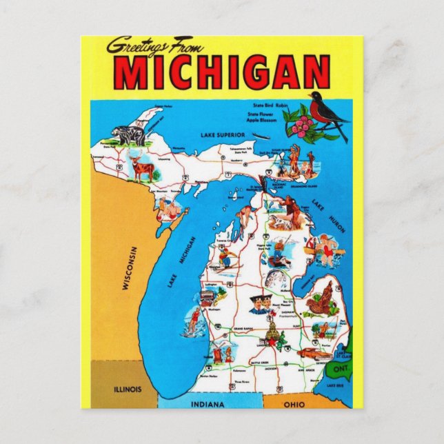 Cartão postal do mapa ilustrado de Michigan (Frente)