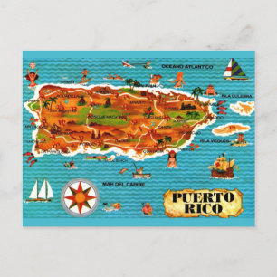 Cartão postal do mapa ilustrado de Porto Rico em e