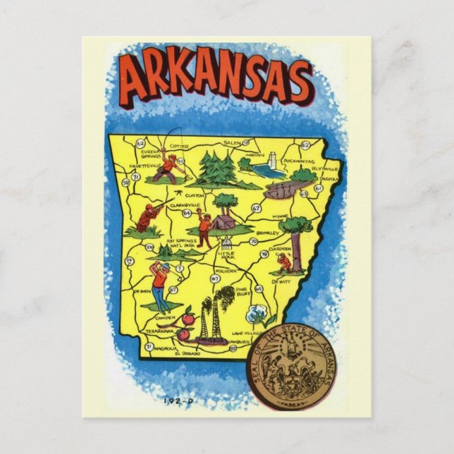 Cartão postal do mapa ilustrado vintage do Arkansa (Frente)