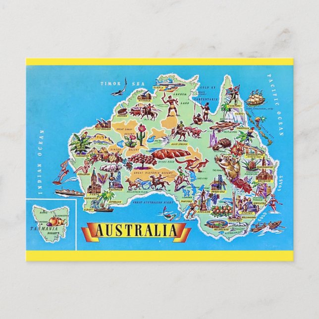 Cartão postal do mapa vintage da Austrália (Frente)