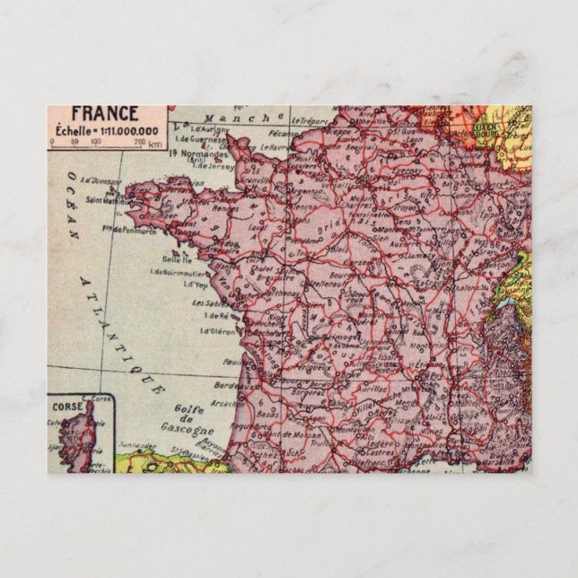 Cartão postal do Mapa Vintage da França (Frente)