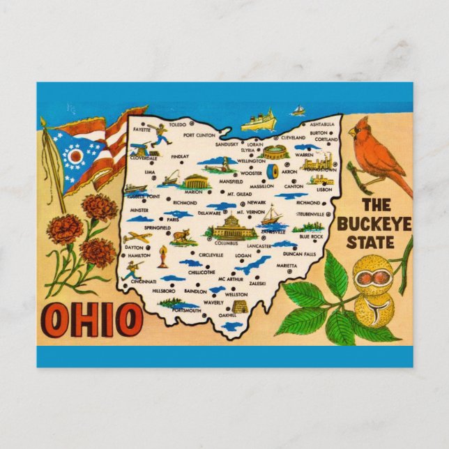 Cartão postal do mapa vintage de Ohio (Frente)