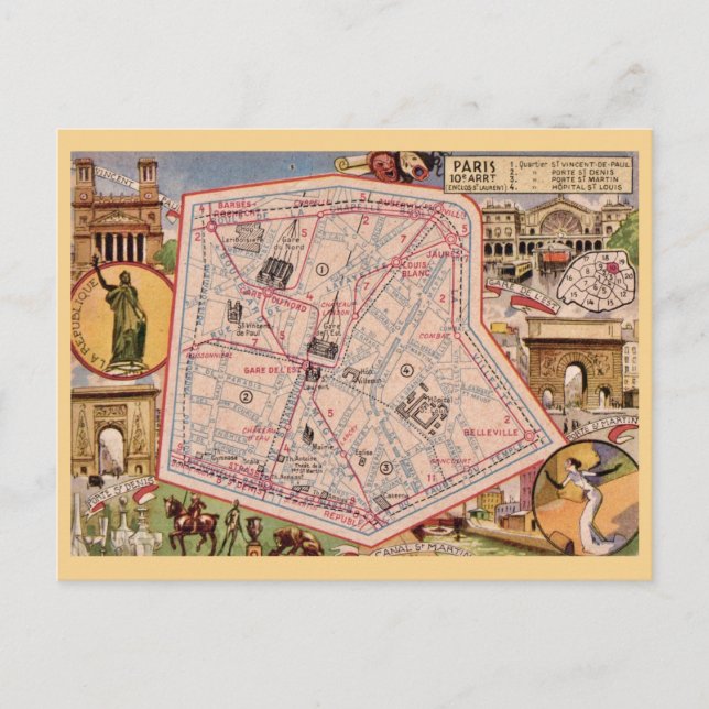 Cartão postal do mapa vintage de Paris França (Frente)