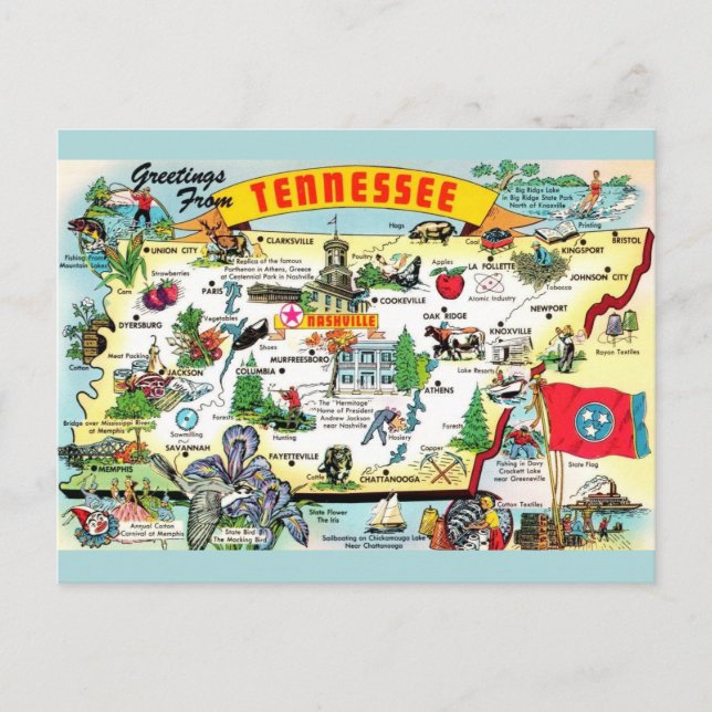 Cartão postal do mapa vintage do Tennessee (Frente)