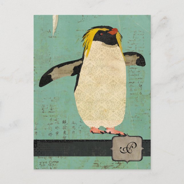 Cartão postal do Monograma Azul Penguin (Frente)