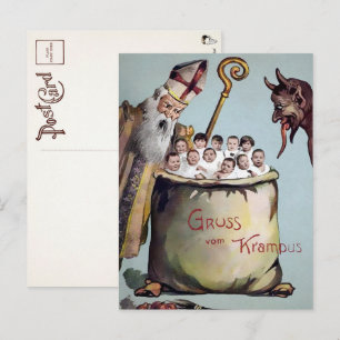 Cartão postal do Papai Noel e Krampus vintage com 