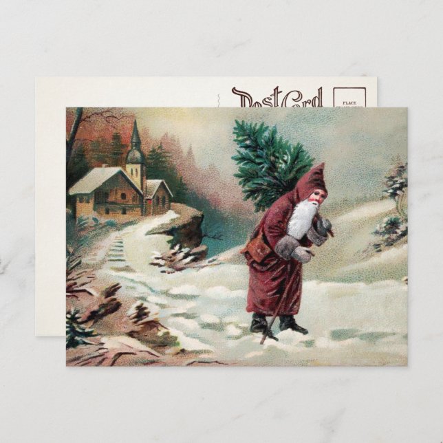 Cartão postal do Papai Noel vitoriano com árvore (Frente/Verso)