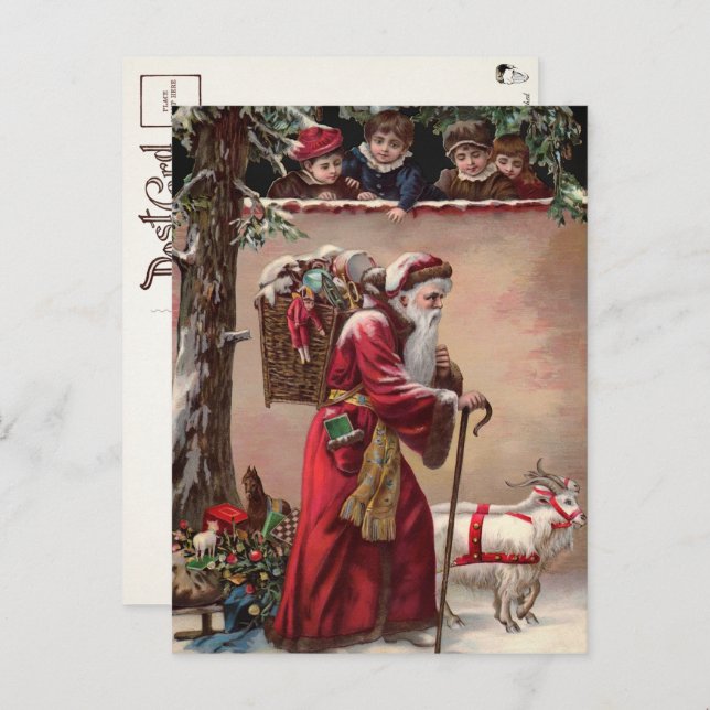 Cartão postal do Papai Noel vitoriano com cabras (Frente/Verso)