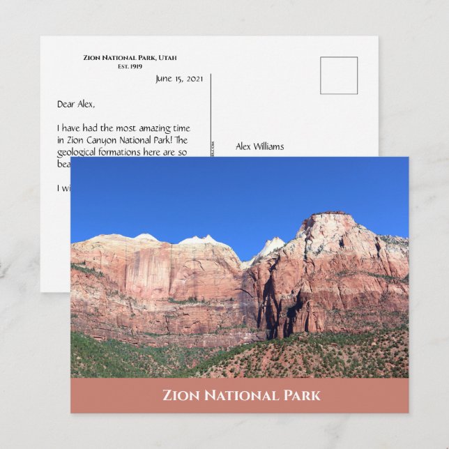 Cartão postal do Parque Nacional Zion (Frente/Verso)