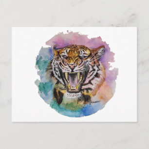 Cartão Postal do Tigre Colorido em Aquarela