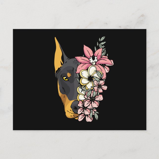 Cartão Postal Doberman Dog com Flores (Frente)