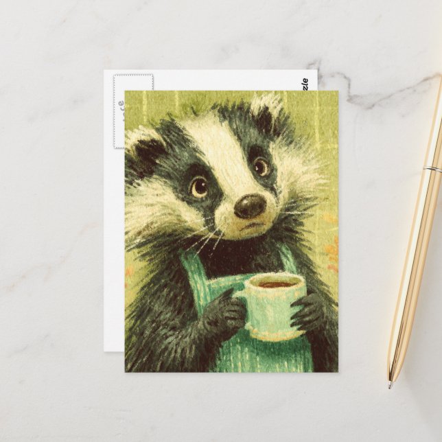 Cartão Postal Doce Badger com uma taça de café (Frente/Verso In Situ)