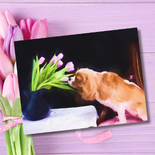 Cartão Postal Doce Cavalier King Charles & Tulipas Rosa