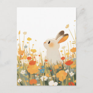 Cartão Postal Doce Coelho Branco em Prado Ensolarado de Flores S