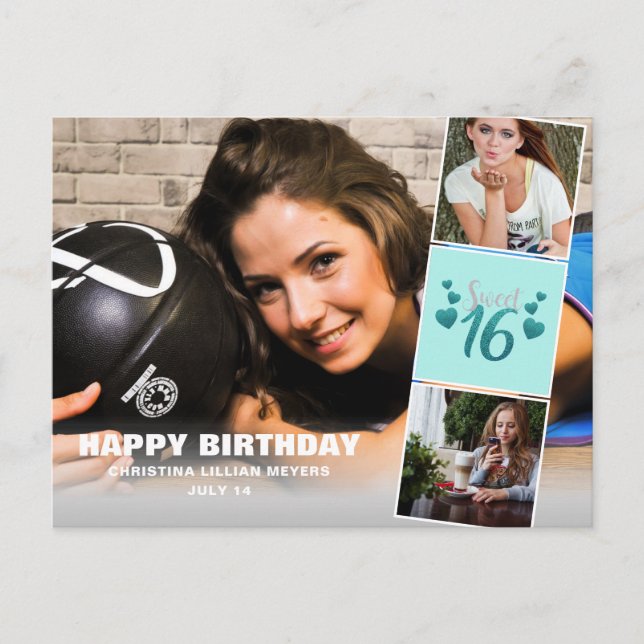 Cartão Postal Doce Dezesseis Fotografias Collage Turquoise Glitt (Frente)