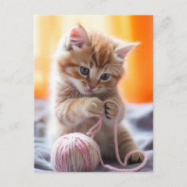 Cartão Postal Doce gatinho laranja brincando com fio de lã