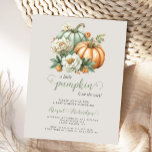 Cartão Postal Doce Pequeno Chá de fraldas Floral de Abóbora<br><div class="desc">Este belo convite para chás de fraldas apresenta uma imagem aquosa de duas abóboras em tons pastéis de verde-sábio e laranja, enfeitiçada com flores brancas e laranja. Abaixo, aparecem as palavras "uma pequena abóbora está a caminho", com a palavra "abóbora" em guião verde de sábio decorado com curlicudos na imitação...</div>