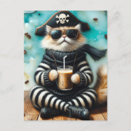 Cartão Postal Doce pirata de Gatinho com café