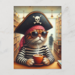 Cartão Postal Doce pirata de Gatinho com café em uma livraria