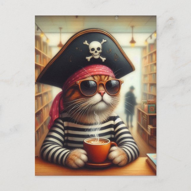Cartão Postal Doce pirata de Gatinho com café em uma livraria (Frente)