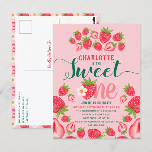 Cartão Postal Doce Um Morango Rosa Fofo Aniversário de 1 Ano