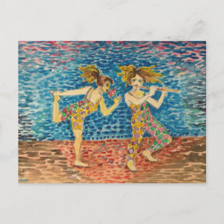 Cartão Postal Dois amigos com figurinos estampados de arlequim