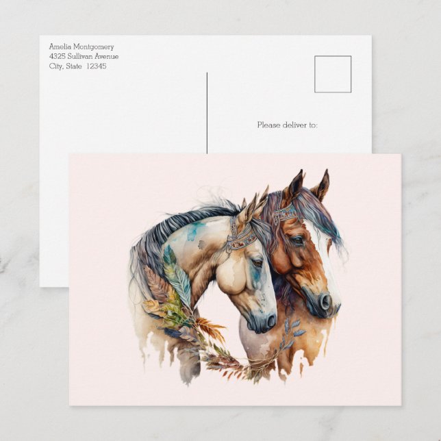 Cartão Postal Dois Belos Cavalos Oeste Boho (Frente/Verso)