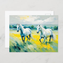 Cartão Postal Dois Cavalos Brancos Atravessando Flores Amarelas